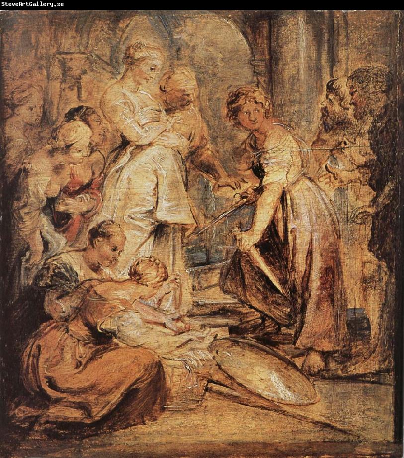 Peter Paul Rubens Aklixi standing between her daughters